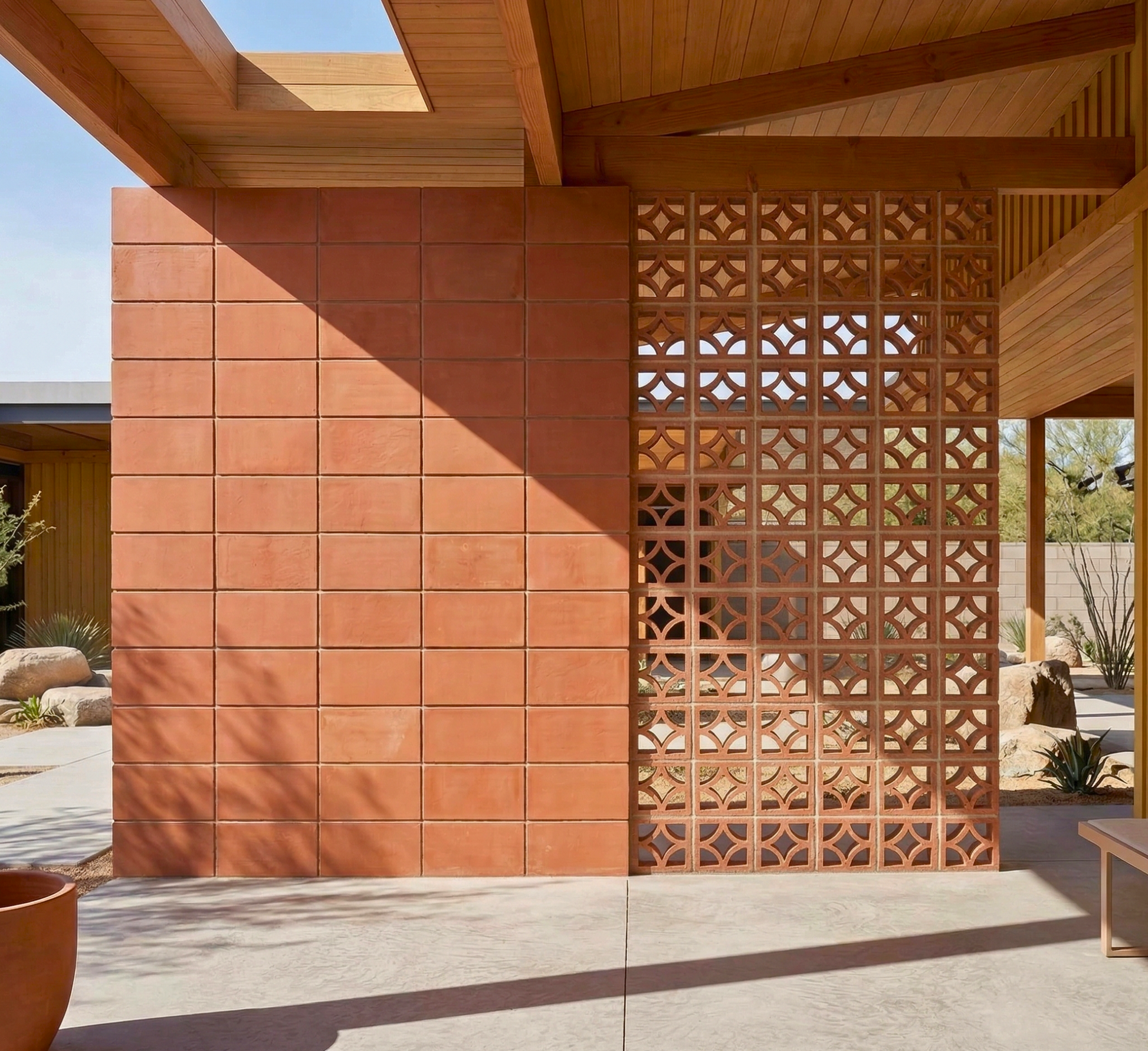 Reddish-brown terracotta Escala Breeze Block by Clay Imports Breeze Blocks with an intricate quatrefoil pattern as an outdoor screen.