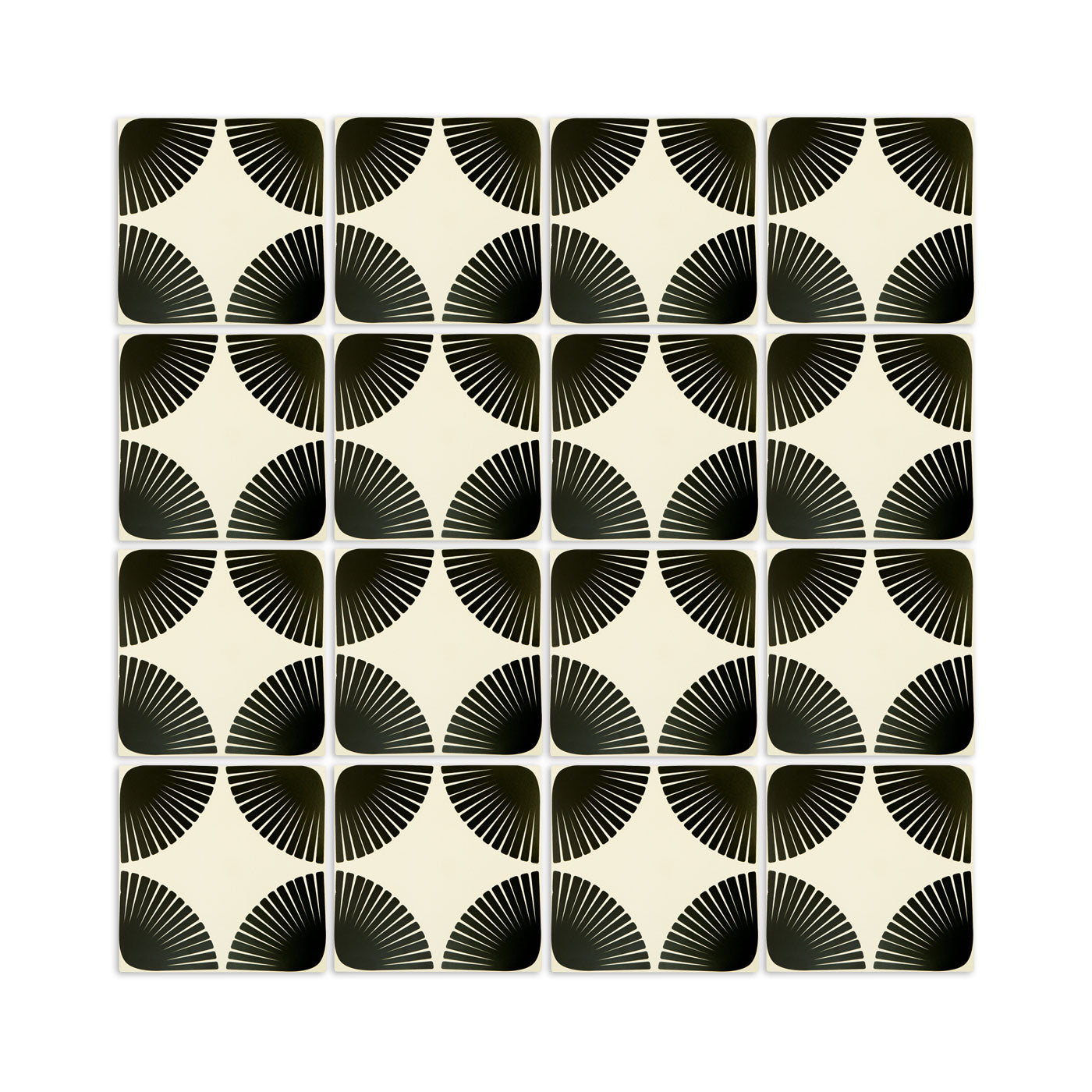 Black and champagne pattern tile by Clay Imports, featuring a repeating geometric petal fan motif in a grid.