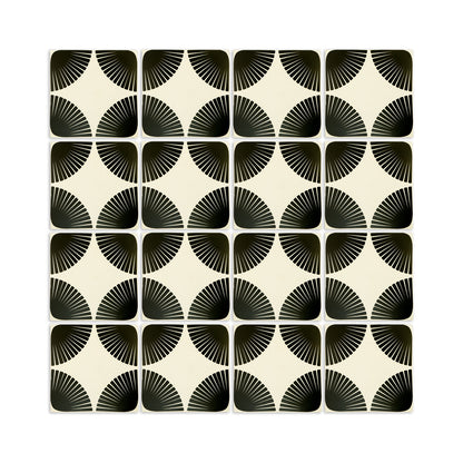 Black and champagne pattern tile by Clay Imports, featuring a repeating geometric petal fan motif in a grid.