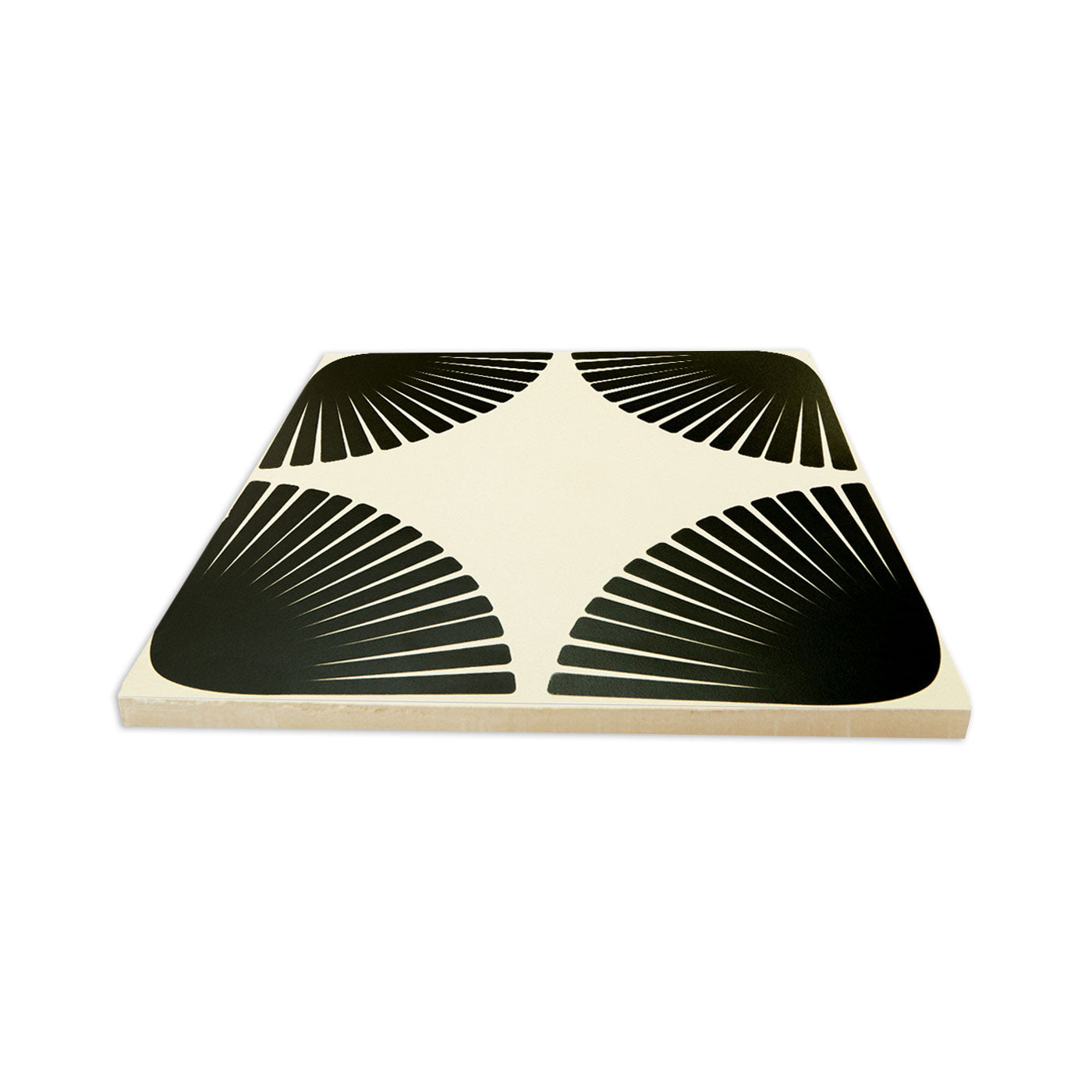 8x8 champagne and black pattern tile by Clay Imports with corner fan-shaped patterns, viewed at an angle.
