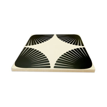 8x8 champagne and black pattern tile by Clay Imports with corner fan-shaped patterns, viewed at an angle.