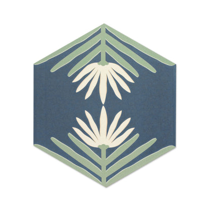 Hexagonal tile sample in dark blue with a lotus pattern by Clay Imports, featuring cream flowers and green leaves.