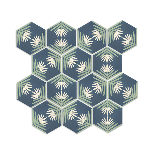 Lotus Midnight 8 pattern tile from Clay Imports, featuring hexagonal tiles with white lotus and green leaves on dark blue.