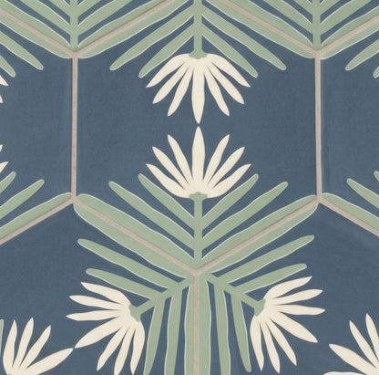 Midnight blue pattern tile by Clay Imports, featuring white and green stylized lotus flowers in a hexagonal arrangement.