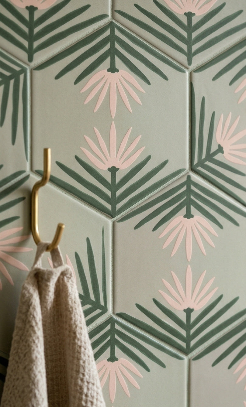Sage green hexagonal pattern tile by Clay Imports with a dark green and pink lotus motif, on a wall with a brass hook holding a beige towel.