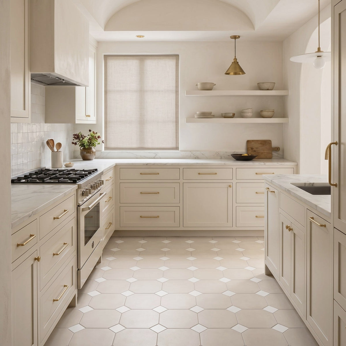 A bright, modern kitchen with cream-colored cabinets, marble countertops, a patterned hexagonal tile floor, and brass hardware. A window with a beige roller shade is centered on the back wall, with shelves and pendant lights above.