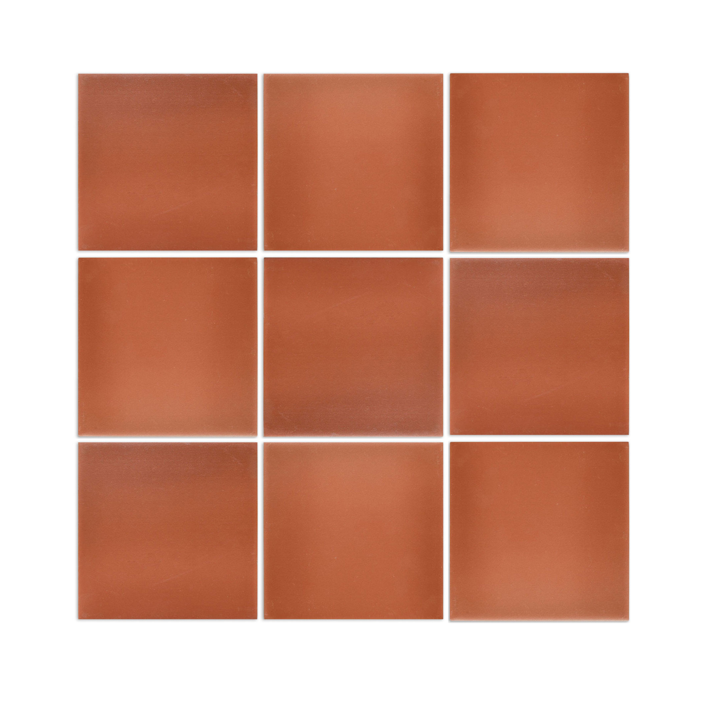 Terracotta solid square tiles arranged in a 3x3 grid, matte finish, earthy red tone, uniform texture, top-down view