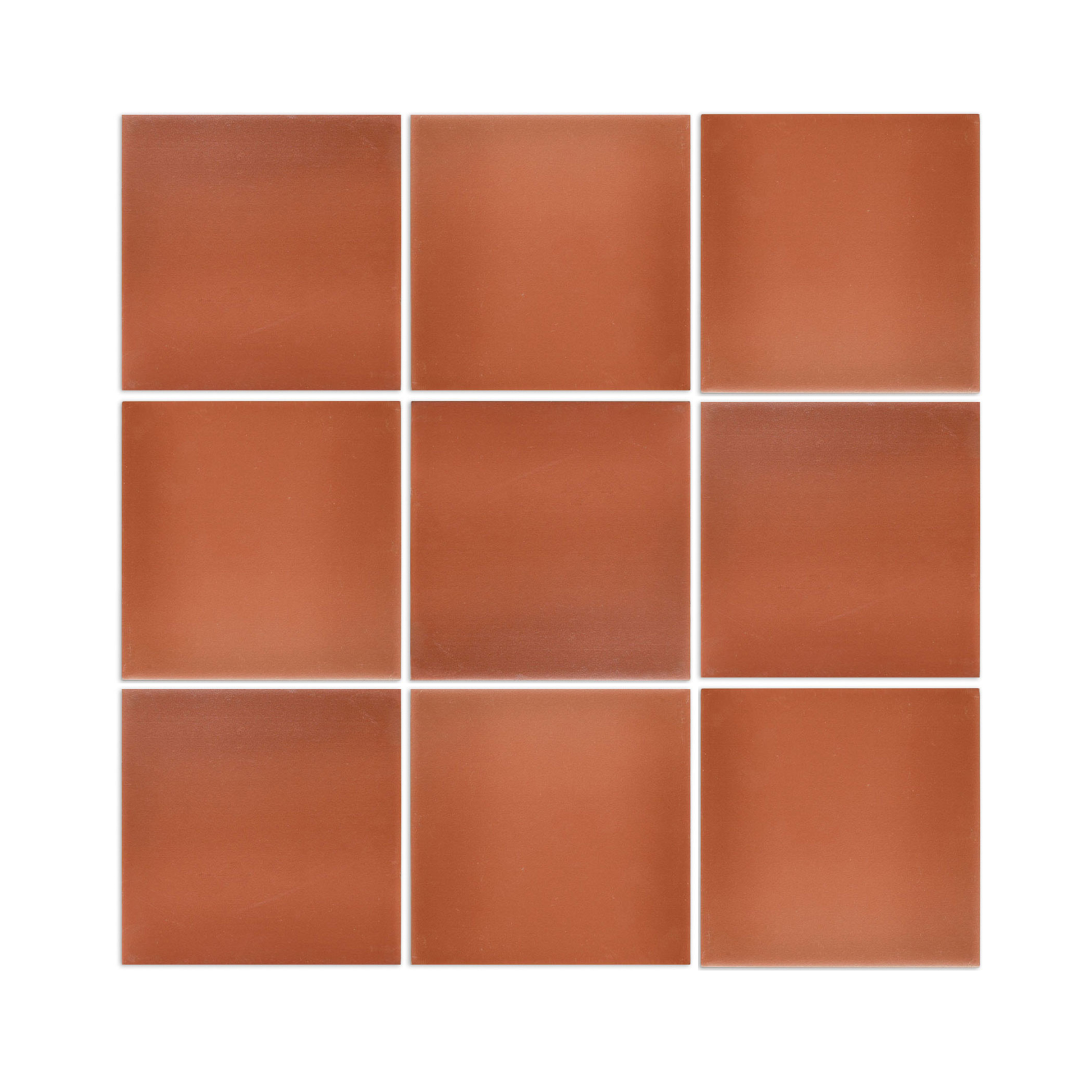 Terracotta solid square tiles arranged in a 3x3 grid, matte finish, earthy red tone, uniform texture, top-down view