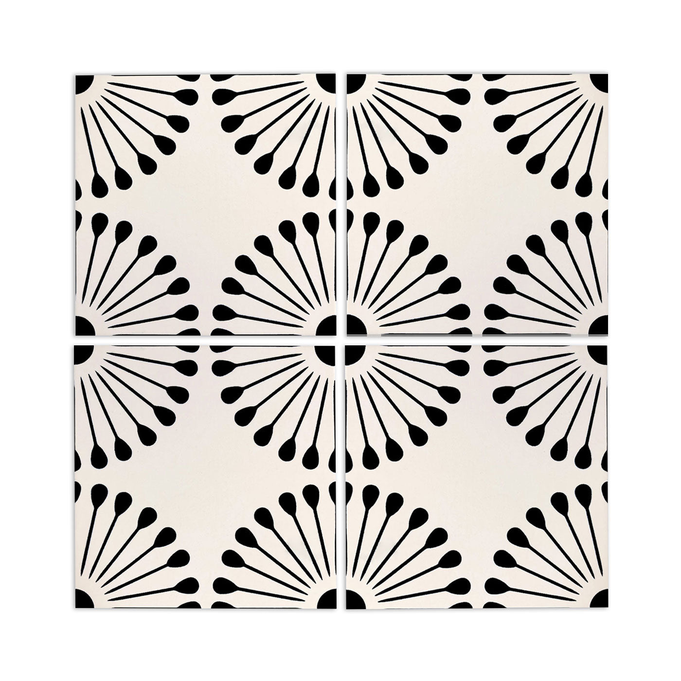 Pitch black atomic pattern tile by Vocho, 8x8 inch, cream background with bold black radiating teardrop motifs, grid layout, modern retro design