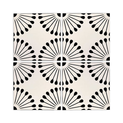 Pitch black atomic pattern tile by Vocho, 8x8 inch, cream background with bold black radiating teardrop motifs, grid layout, modern retro design