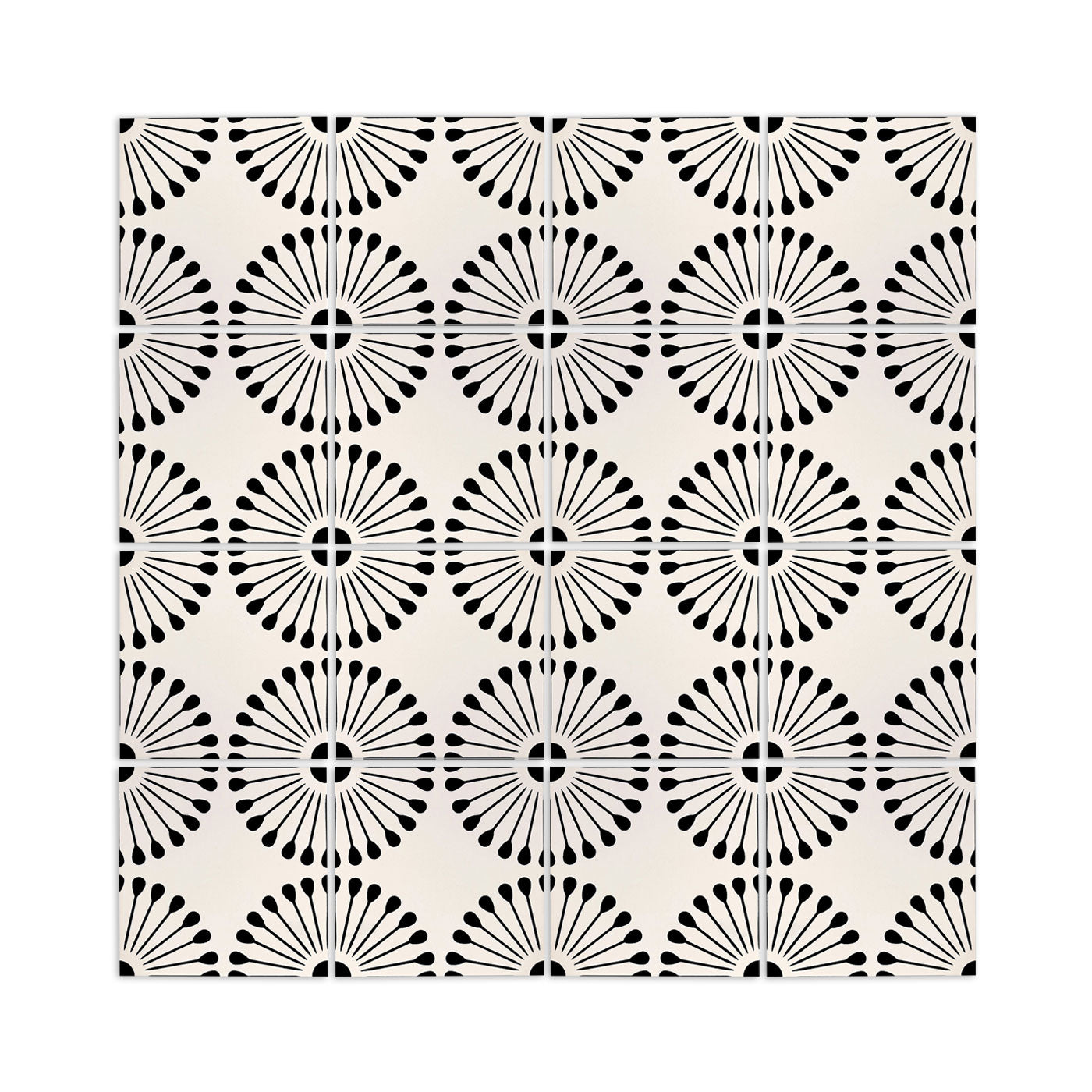 Pitch black 8x8 pattern tile by Atomic Vocho, featuring bold black atomicburst design on cream background, arranged in grid layout