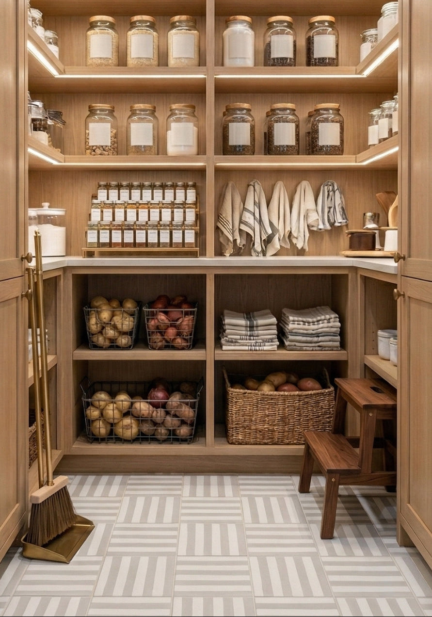 Light gray and white Linot Moon 8x8 Pattern Tile by Clay Imports, showing a geometric stripe pattern on a modern pantry floor.