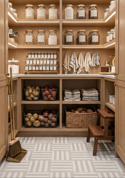Light gray and white Linot Moon 8x8 Pattern Tile by Clay Imports, showing a geometric stripe pattern on a modern pantry floor.