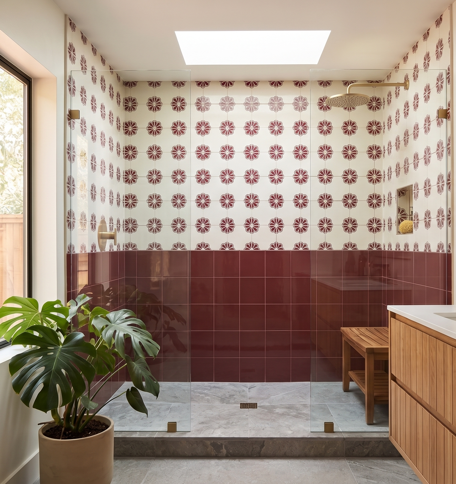 Oxblood 8x8 glossy clay tile from Clay Imports installed on lower shower walls, beneath white floral tiles.