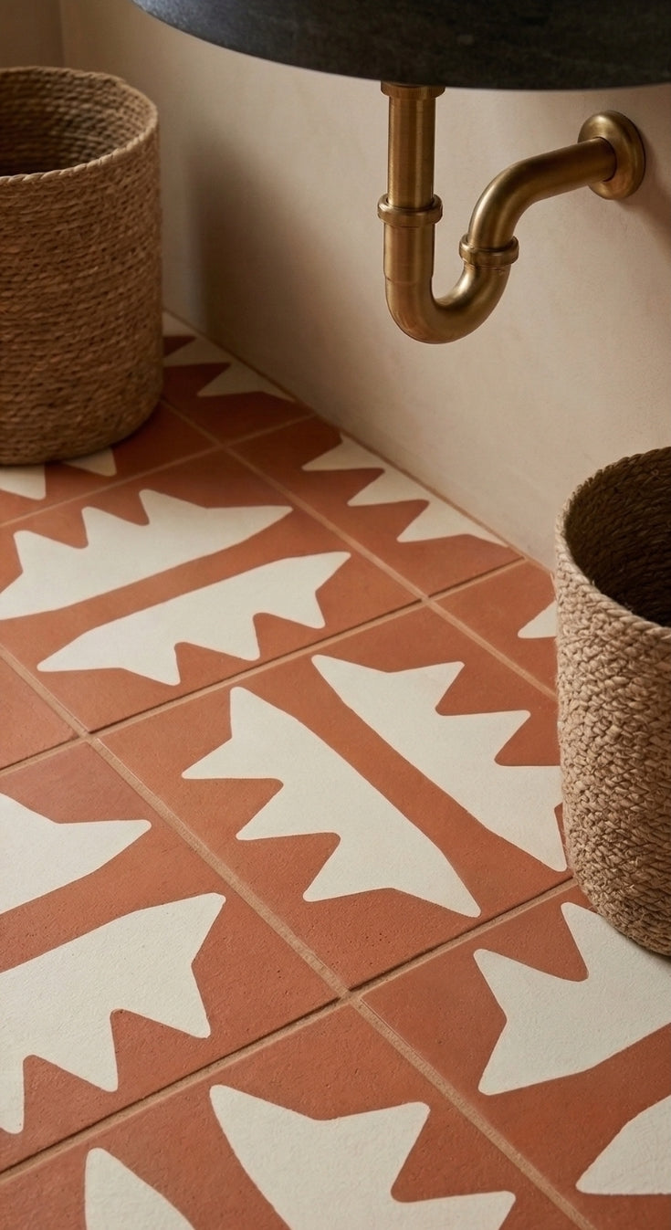 Terracotta and white Penacho pattern tile by Clay Imports, laid on a bathroom floor.
