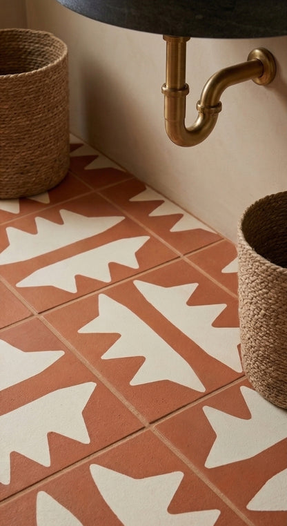 Terracotta and white Penacho pattern tile by Clay Imports, laid on a bathroom floor.