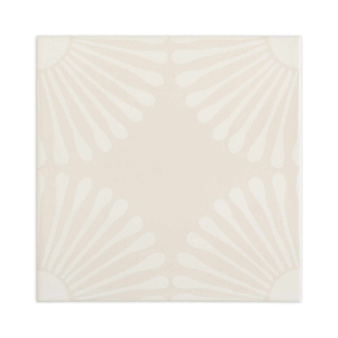 Off-white decorative tile by Clay Imports with a subtle radial sunburst pattern in each corner.