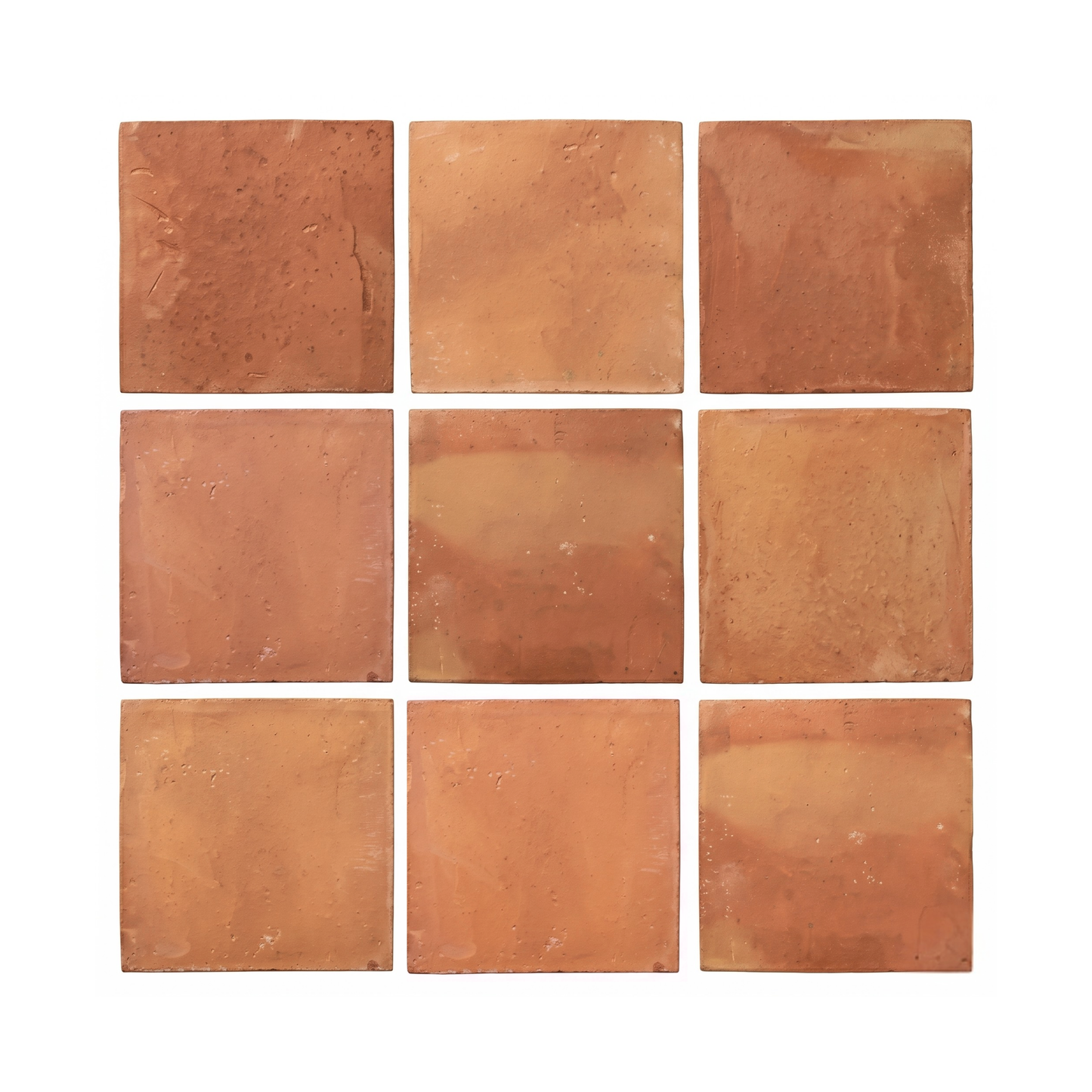 Supremo Straight 8x8 terracotta tiles by Clay Imports, arranged in a grid with an earthy reddish-brown hue and rustic texture.