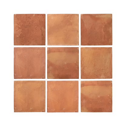 Supremo Straight 8x8 terracotta tiles by Clay Imports, arranged in a grid with an earthy reddish-brown hue and rustic texture.