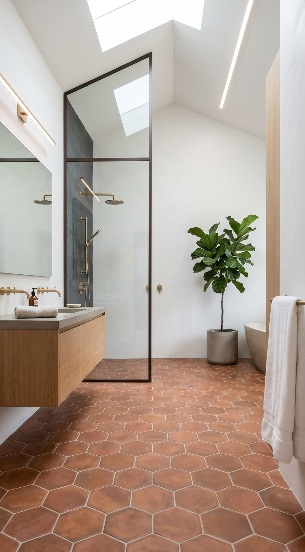 Umber hexagon cotto tile by Clay Imports, covering a modern bathroom floor with white walls and a glass shower.