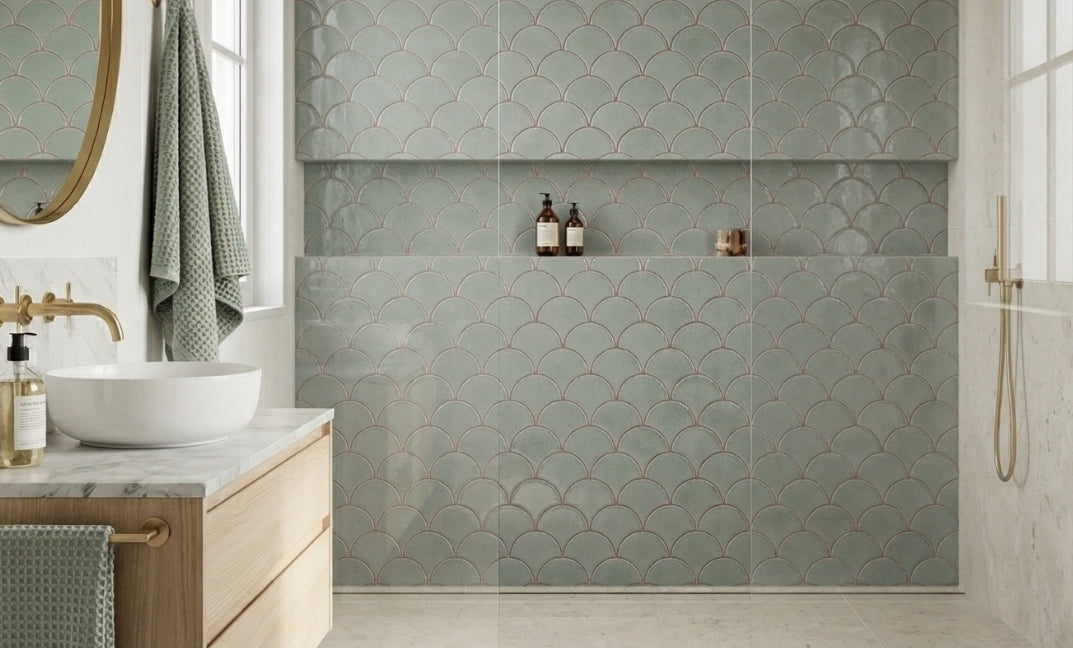 Glossy light green scallop tiles by Clay Imports covering a bathroom wall with a built-in shelf, beside a wooden vanity.