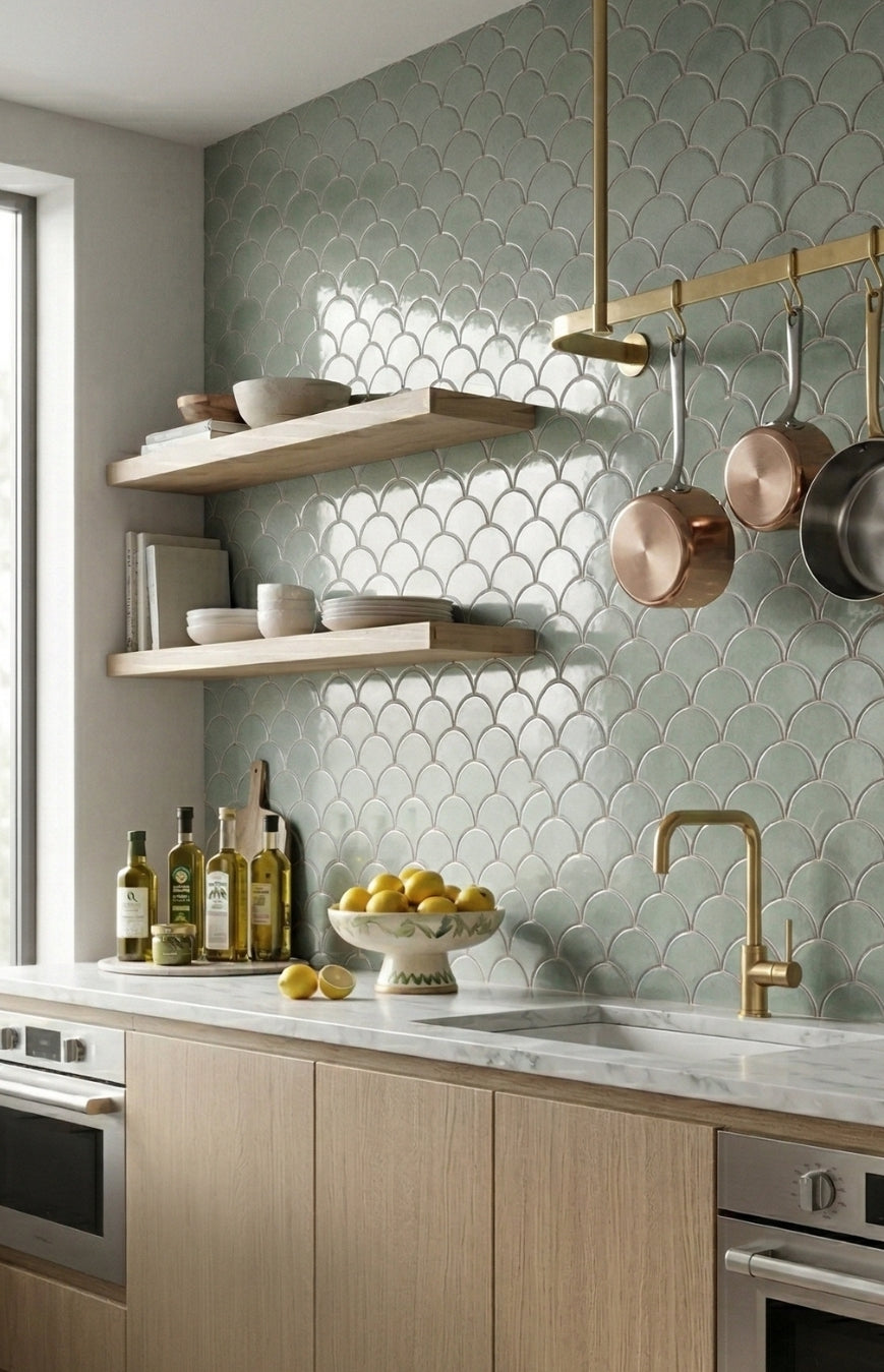 Scallop-patterned Horizon Abanico Arctic Gloss tile by Clay Imports forms a light green kitchen backsplash with wood shelves and gold fixtures.