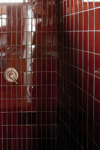 A close-up of a tiled shower corner with glossy dark reddish-brown square tiles and a round metallic shower valve.