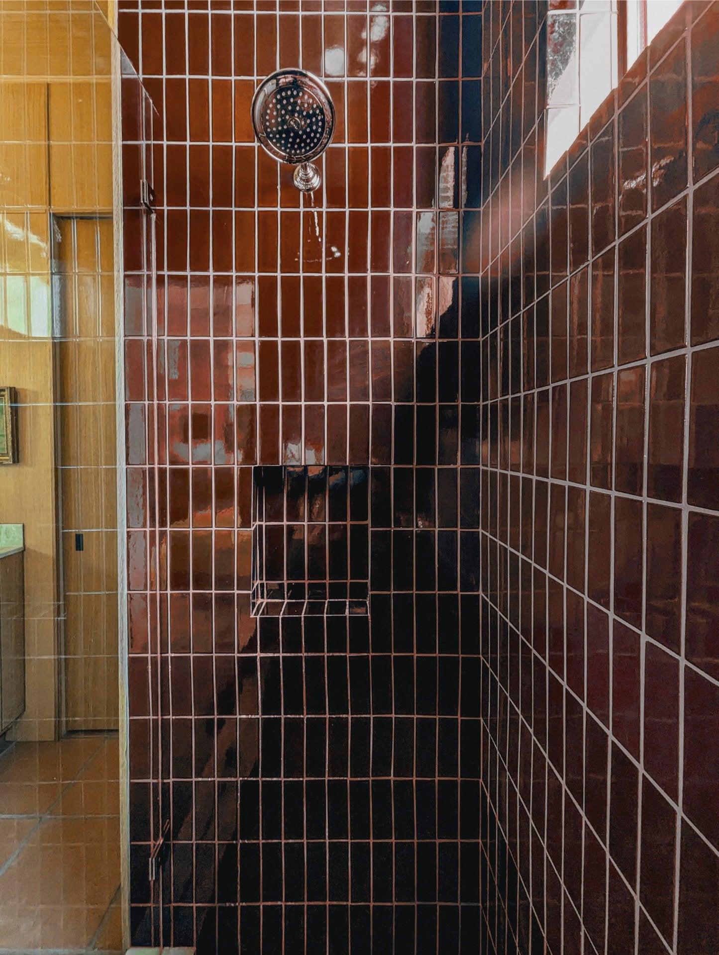 A close-up view of a tiled shower area with glossy dark red-brown wall tiles, a white grout grid pattern, and a round chrome shower head.
