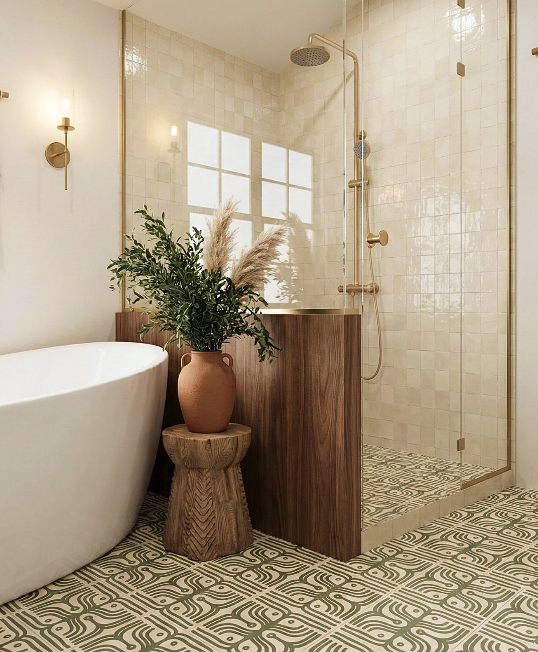 Green and beige patterned floor tile by Clay Imports, featuring an intricate organic design in a modern bathroom.