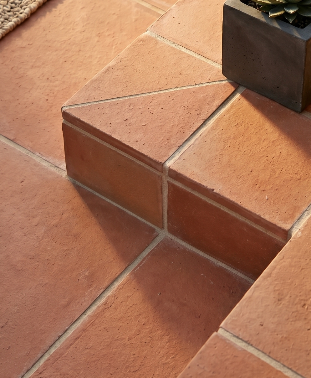 Baked Thin Terracotta Paver 16x16 by Clay Imports, forming outdoor steps with diagonal cuts, light grout, and a small potted plant.