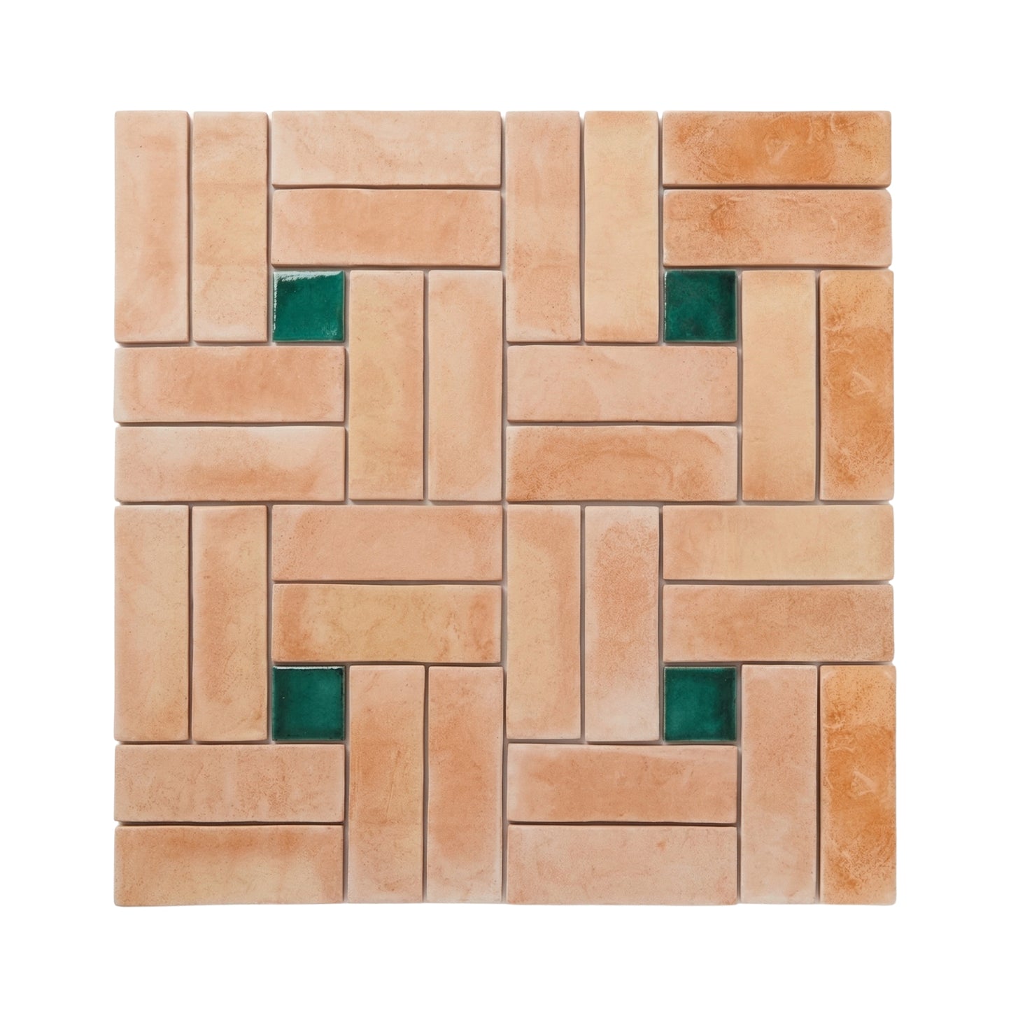 Basketweave Matte Terracotta sample by Clay Imports, featuring reddish-orange and green tiles in a patterned square.