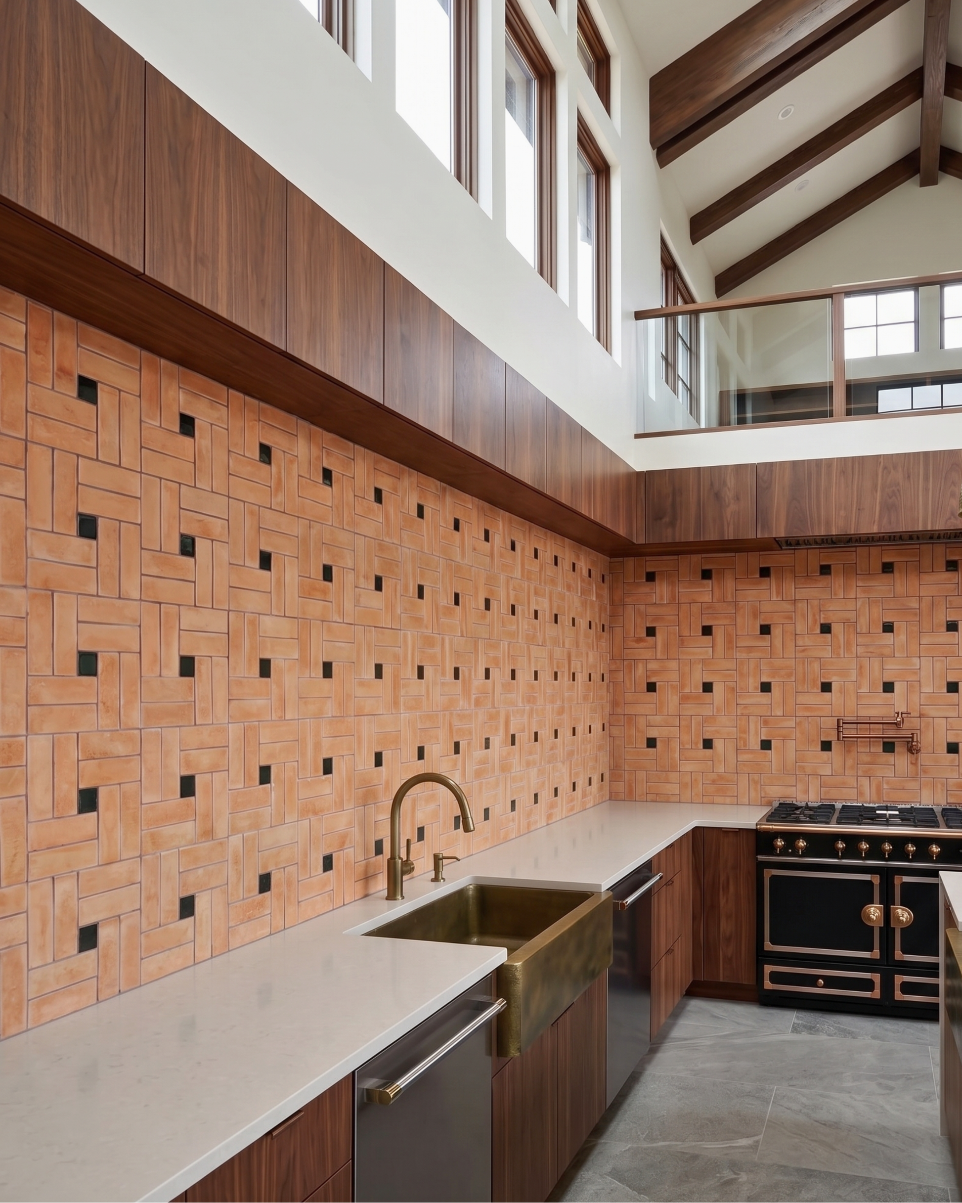 A modern kitchen interior with terracotta-colored geometric mosaic wall tiles, white countertops, a copper sink and faucet, dark wood cabinetry, and a black freestanding range with gold handles. High windows and exposed wood beams are visible above.