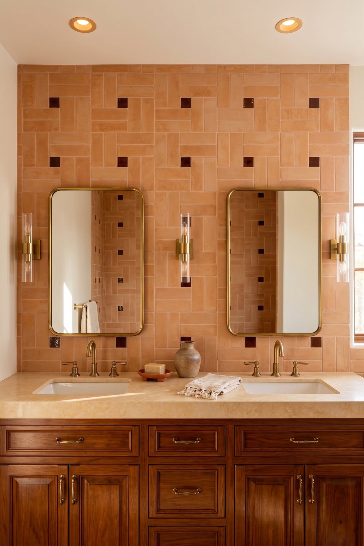 A double bathroom vanity with two sinks, rectangular mirrors, and a terracotta tile backsplash with small dark square accents. The countertop is a light beige stone, and the lower cabinets are dark wood with brass hardware.