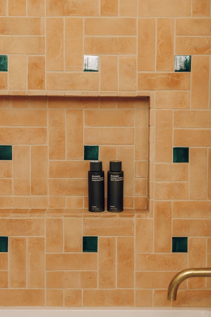 Two black shampoo and body wash bottles with white text, displayed on a built-in niche in a warm beige tiled wall with small green accent tiles.