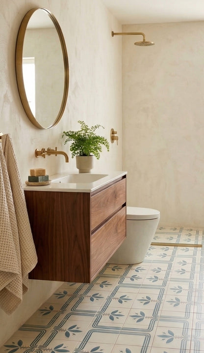 White pattern tile by Clay Imports with blue geometric lines and leaf motifs on a bathroom floor.