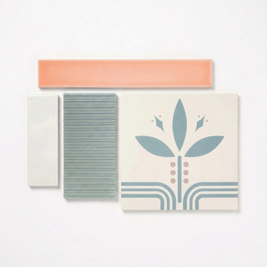 Tile samples from Clay Imports, featuring coral, off-white, ribbed sage green, and patterned floral square tiles.