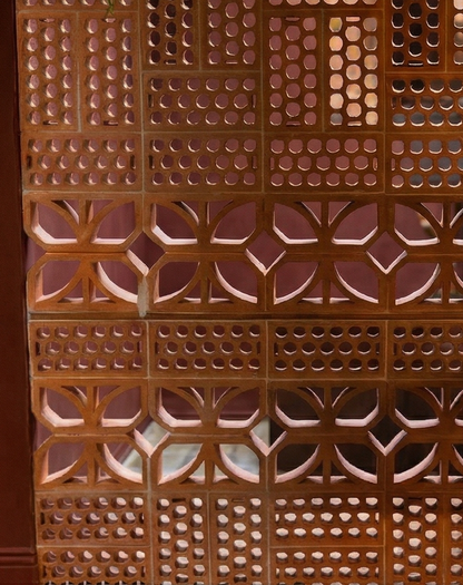 Terracotta Mariposa Breeze Block by Clay Imports, featuring distinctive curved and geometric cutouts, installed alongside other patterned blocks.