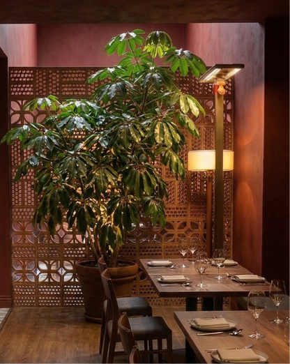 Terracotta Mariposa pattern breeze blocks by Clay Imports Breeze Blocks, forming a decorative wall in a restaurant with plants.