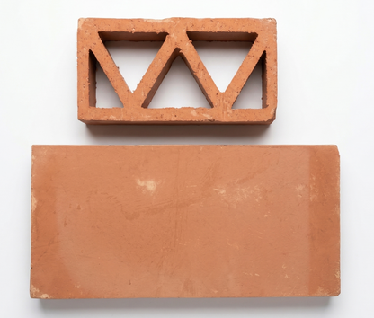 Terracotta breeze block with triangular cutouts by Clay Imports Breeze Blocks, shown above a solid rectangular tile on a white background.