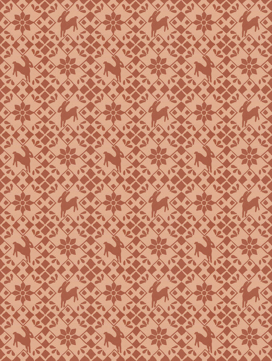 Light brown patterned wallpaper by Clay Imports featuring a repeating pattern of dark brown bunnies, flowers, and geometric diamonds.