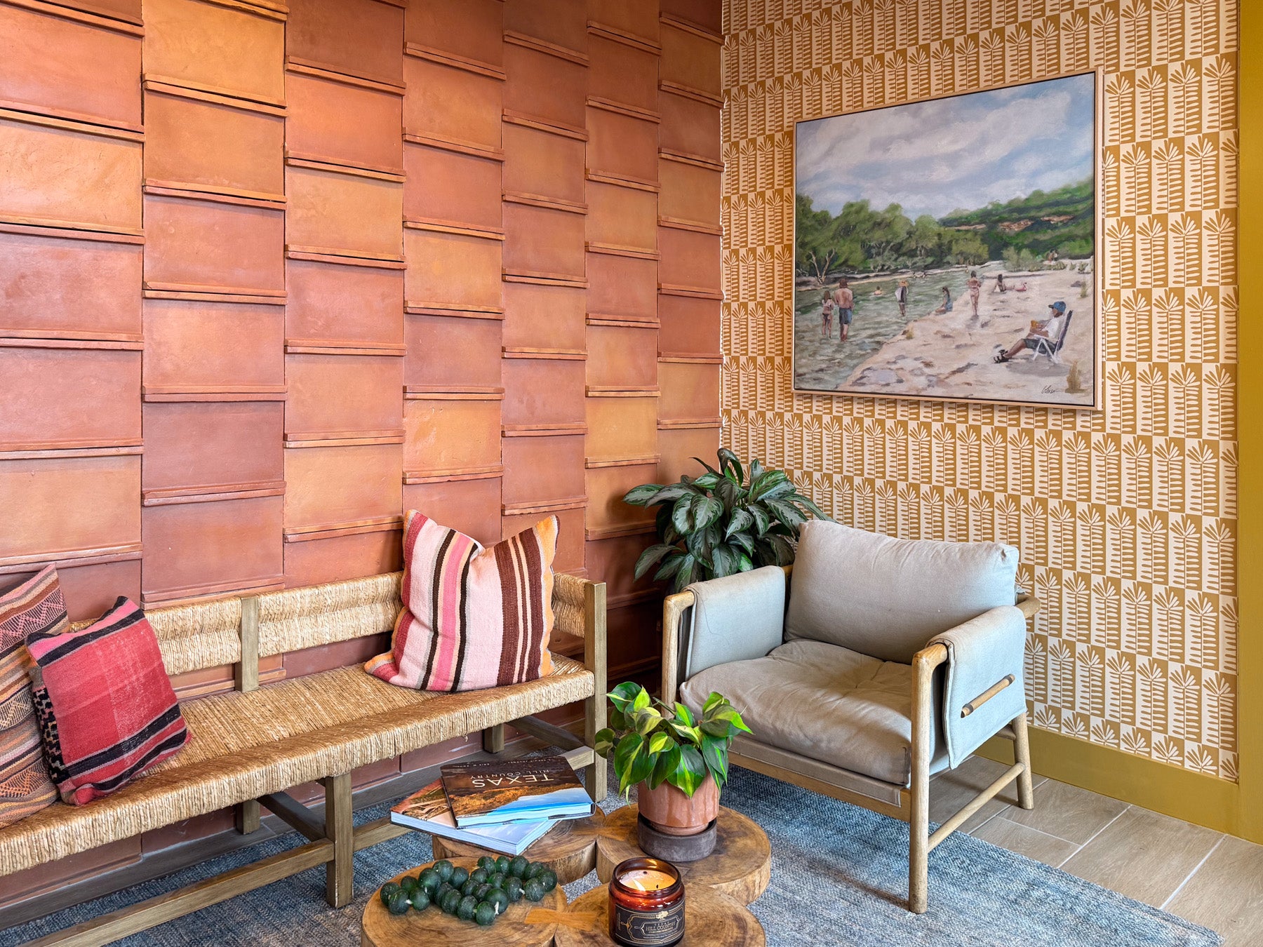 Knotch Antique Satin terracotta tile by Clay Imports, featuring rustic stacked rectangular tiles in varied reddish-brown tones.