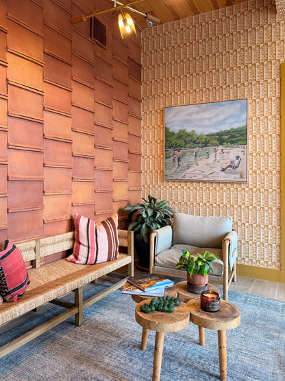 Knotch Antique Satin terracotta wall tiles by Clay Imports, featuring an earthy orange color and horizontal layered design.