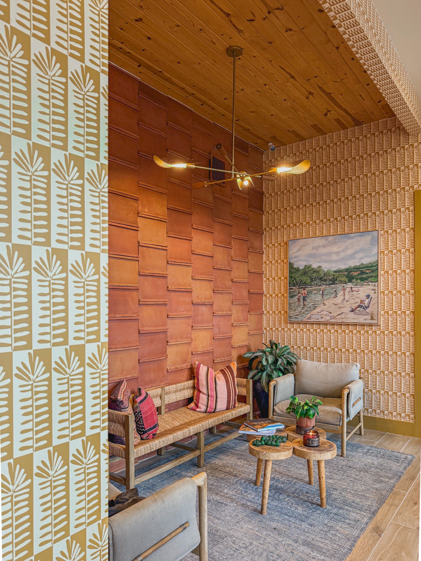 Antique satin terracotta tiles by Clay Imports in a staggered, stacked pattern on a wall.