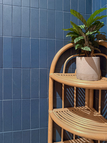 Dark blue rectangular clay tiles by Clay Imports, arranged vertically on a wall with a rattan shelf and plant.