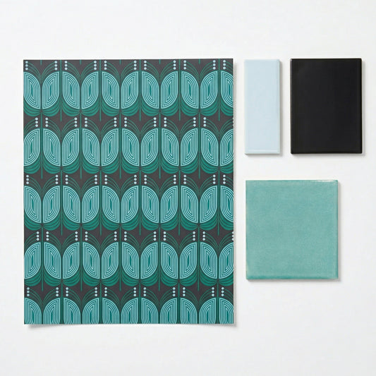 Deco Tide patterned sample in teal and dark grey by Clay Imports, featuring stylized leaves and three solid color tile samples.