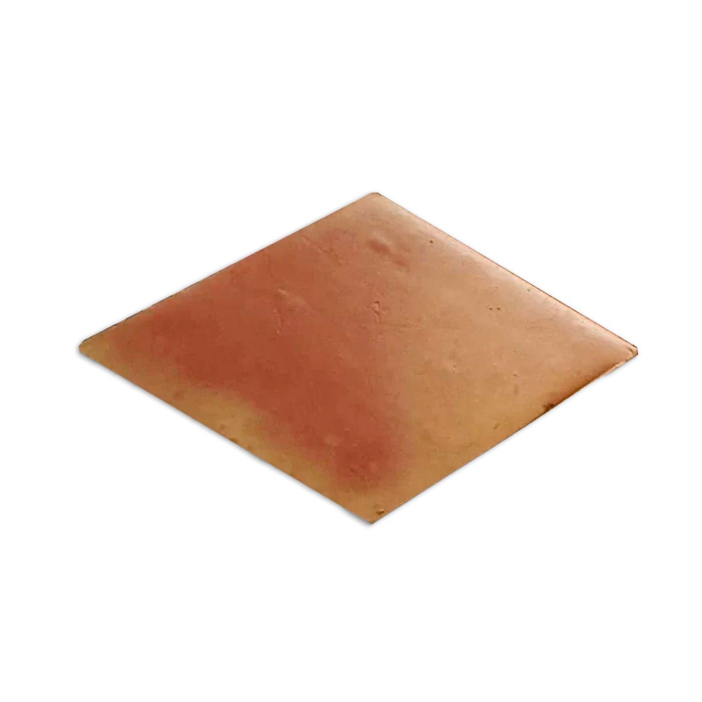 Diamond-shaped smooth satin terracotta tile by Clay Imports in a reddish-orange hue, slightly angled.