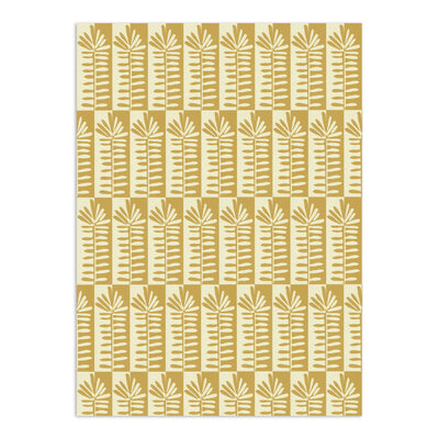 Gold and cream patterned wallpaper by Clay Imports, with a grid of stylized vertical botanical motifs.