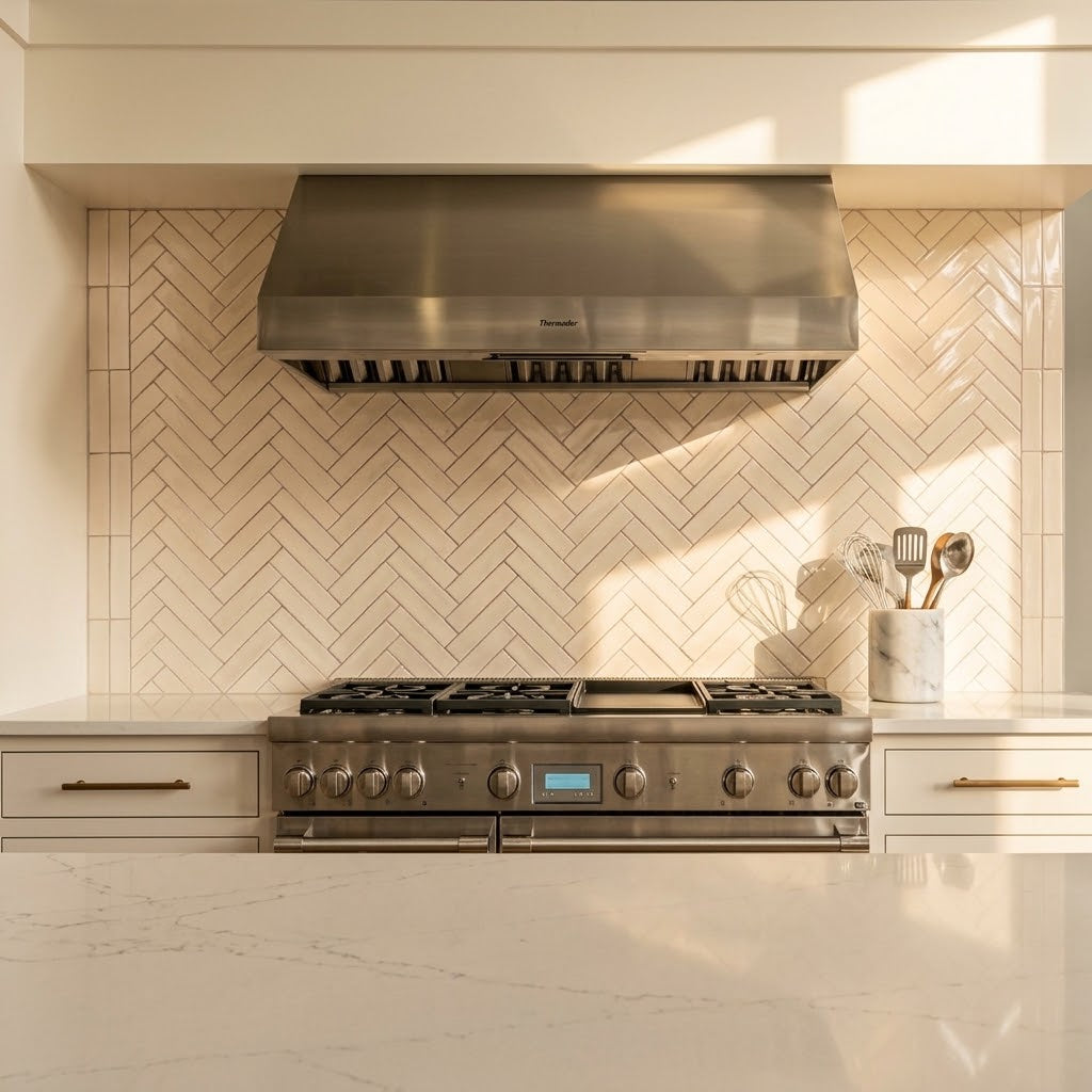 Sunlight streams across a sleek stainless steel range and matching hood set against a warm herringbone tile backsplash in a modern kitchen.