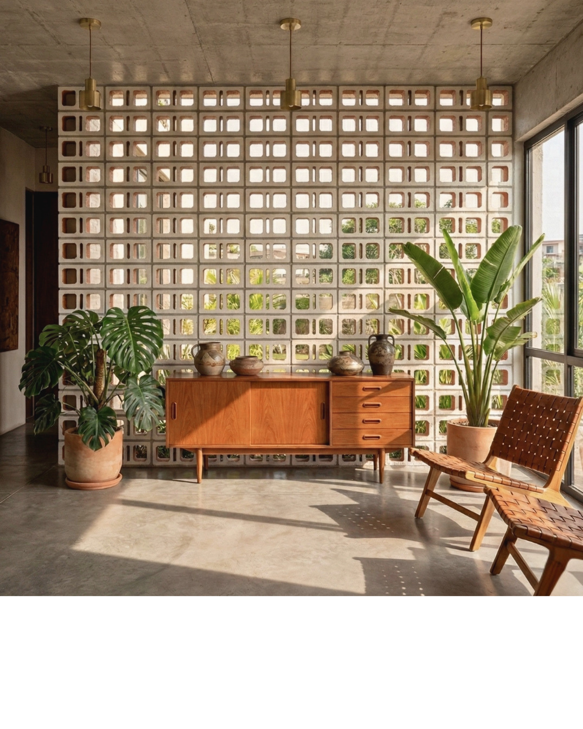 White glazed breeze block by Clay Imports Breeze Blocks featuring a Ventana pattern, used as a decorative room divider.
