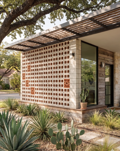 Tupelo Blanco glazed breeze block by Clay Imports Breeze Blocks with a Ventana pattern, featuring rectangular openings and sunburst tiles.